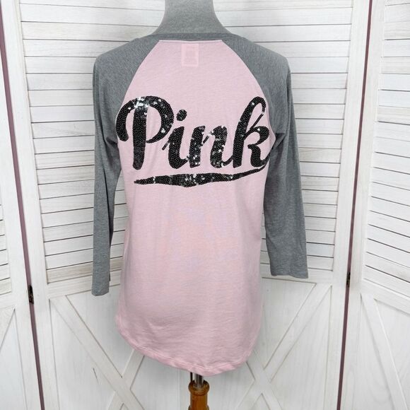 Victorias Secret Pink Sequin Logo Baseball Tee Shirt Pink Grey Medium - Picture 4 of 12
